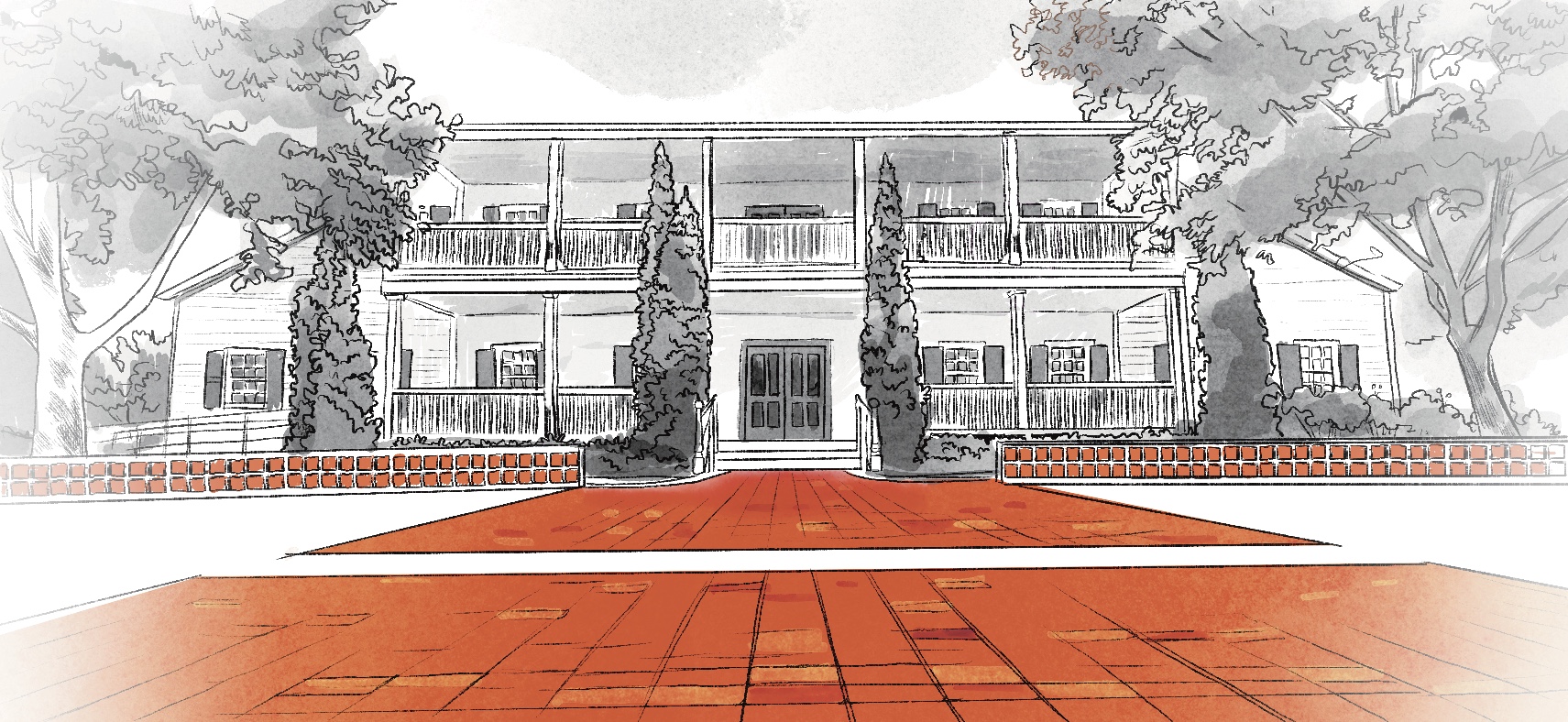 Illustration in watercolor style of the Sunnyvale Heritage Park museum. Bricks and Tiles laid out in front are in a brick red. The rest of the illustration like the building, the trees and he sky are colored in black, grey and white.